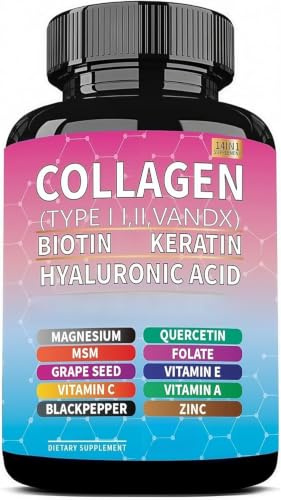 Typ 5 komplext kollagen | Biotin + Keratin | Hyaluronsyra antioxidantformel Innehåller druvkärneextrakt, quercetin, vitaminer A/C/E, zink, magnesium och folsyra