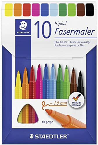 STAEDTLER triplus color Filzstifte 323, dreikant, stabile, eindrucksichere Spitze, ca. 1 mm, aus 97% Rezyklat, Made in Germany, Set mit 10 brillanten Fasermaler im Kartonetui, 323 C10