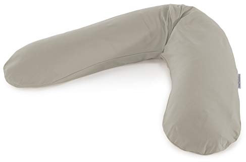 Theraline Das Original Schwangerschaftskissen & Stillkissen 190cm – Seitenschläferkissen Stillkissen Perlen – inkl Stillkissenbezug Lehmgrau Bambus Kollektion