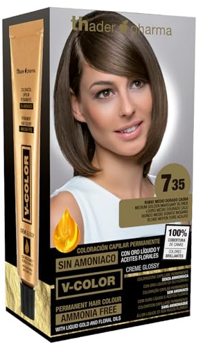 Th Pharma V-Color Kit de Tinte permanente Sin Amoniaco con Oro Líquido 100% Cobertura de canas, 120 ml (No. 7.35 Rubio medio dorado caoba)
