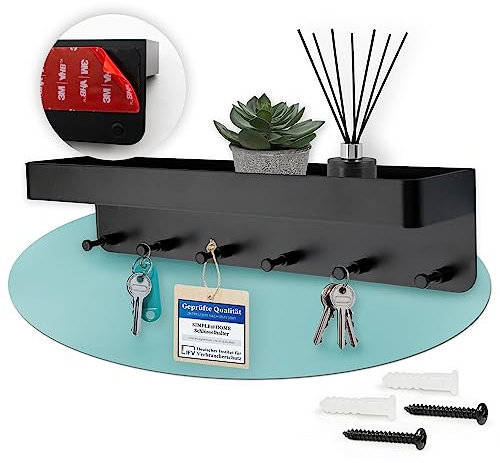Simple@Home® Premium Schlüsselbrett mit Ablage ohne Bohren aus Edelstahl | Schlüsselboard selbstklebend mit 3M Klebestreifen | Schlüsselbrett schwarz matt | Schlüsselbrett modern mit Wandablage