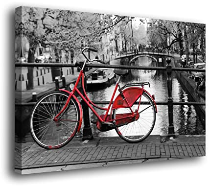 Genérico Cuadro Lienzo Canvas Bicicletas roja Fondo Blanco y Negro Canal de Amsterdam – Varias Medidas - Lienzo de Tela Bastidor Madera de 3 cm - Alta resolucion (120, 80)