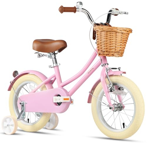 Glerc ‎Little Molly 14 Inch Kids Bike, Retro Cruiser Girls Bike for Children Ages 3-5 Years Old, Kids Bicycle with Wicker Basket & Training Wheels, Pink