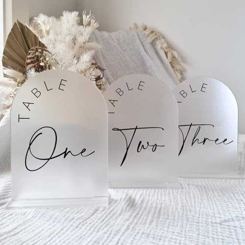 JINMURY Frosted Arch Wedding Table Numbers 1-15 with Stands, 5x7 Inch Frosted Arch Acrylic Sign with Black Letters, Arched Acrylic Table Numbers for Wedding Reception