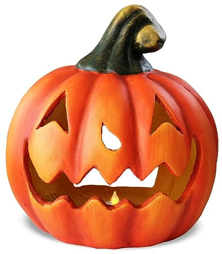 matches21 XXL Kürbis-Laterne als Halloween-Deko - Großer Jack-O-Lantern Deko-Kürbis mit LED Teelicht Set - Freundlicher Kürbis in Orange 26 cm als gruselige innen Wohnzimmer-Deko und Garten Draußen