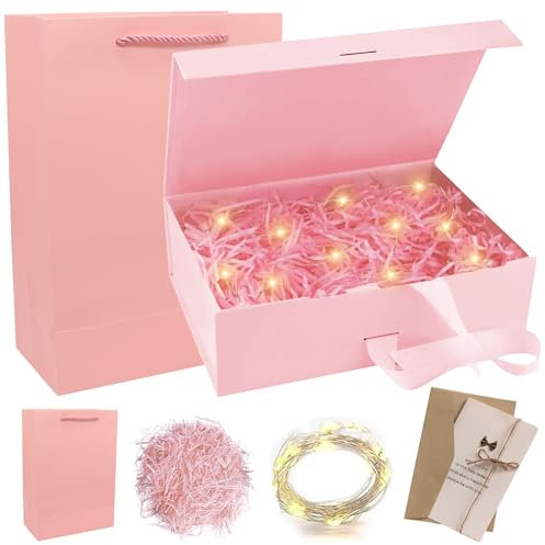Geschenkbox Mit Deckel, 21x17x7cm Groß Mit Schleife, Faltbare Magnetische Geschenkschachtel, Tasche, Farbband, Licht, Umschlag, Geschenkkarton Mit Schleifen für Hochzeit Geburtstag