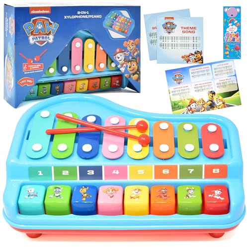 Paw Patrol 2 in 1 Baby Piano Xylophone Toy for Kids Toddlers Girls Boys Musical Instrument with Multicolored Keys Keyboard Sheet Music Two Mallets
