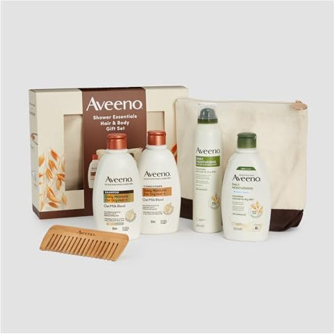 Aveeno Shower Essentials Coffret cadeau pour cheveux et corps comprenant un gel douche 300 ml, un shampooing mélangé au lait d'avoine 300 ml, un après-shampoing au lait d'avoine 300 ml, une brume