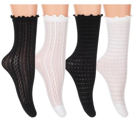 Tyqour 4 pares de calcetines para mujer, 39-42, transpirables, de encaje, calcetines con volantes, calcetines de algodón, calcetines con volantes, calcetines de malla para mujer, calcetines de