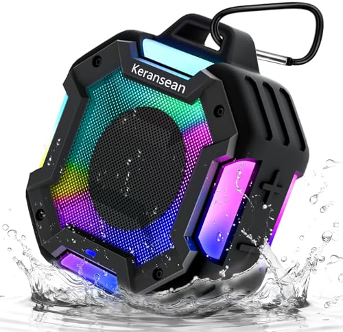 Shower Speaker Bluetooth 5.4, IPX7 Waterproof Portable Bluetooth Speakers with LED Lights, 24H Playtime, TWS Pairing for Dual Stereo Sound, Detachable carabiner for Outdoor Pool Beach Gift -Black