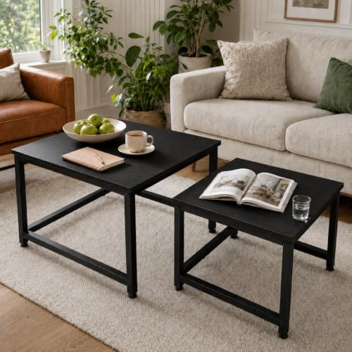 Hawthyhome Square Coffee Tables, Nesting Coffee Table Set of 2, Modern Side Tables with Metal Frame, Industrial Stacking End Tables for Living Room Bedroom Office, 60 * 60 * 45cm, Black