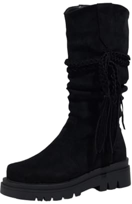 Botas De Plataforma A Media Pantorrilla Boots Vaqueras Western Retro Con Flecos Botas De Nieve De Ante Cálidas De Caña Larga For Otoño-invierno Zapatos Casuales Sin Cordones For Mujer(Black,37 EU)