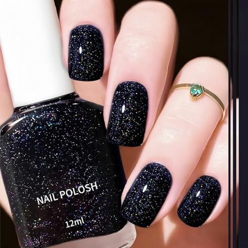 Black Glitter Nail Polish, Black Nail Varnish Quick Dry, Sparkly Nails Polish, Long Lasting & Chip Resistant, No UV Lamp Needed, At Home & Salon Nails Art Manicure