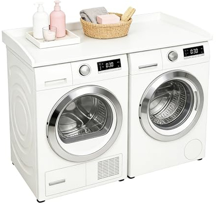 Bänkskiva tvättmaskinstork, tvättmaskin dyna trä, vattentät och snabb montering, tvättbräda för tvättmaskin och torktumlare, upp till 50 kg, 120 × 60 × 7,5 cm (vit)
