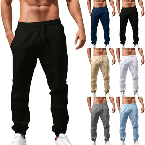 Pantalon Lino Hombre Pantalones Elásticos con Cordones Pantalones de Algodón y Lino Transpirables de Color Liso Casual de Verano Suaves y Cómodos para Hombre para Vacaciones Playa Uso Diario