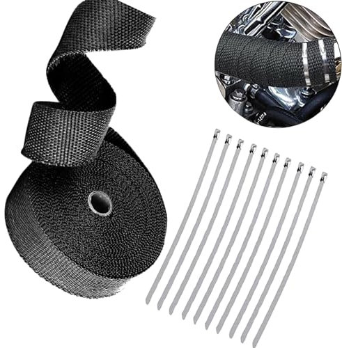 GOTOTOP Hochwertige Hitzeschutzband, Auspuffband Thermoband mit 10 Kabelbinder aus Edelstahl, Krümmerband aus Fiberglas, Temperaturtoleranz 1400° C, 1000 cm x 5 cm x 0,15 cm (Schwarz)