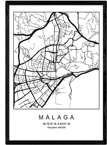 Nacnic Lámina Mapa de la Ciudad Malaga Estilo nordico en Blanco y Negro. Poster tamaño A3 Sin Marco Impreso Papel 250 gr. Cuadros, láminas y Posters para Salon y Dormitorio