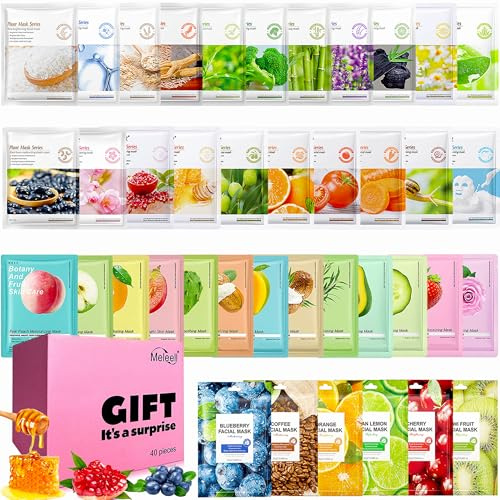 Meleell 40 Pack Collagen Face Masks Skincare Bulk for All Skin Types,Hydrating Spa Sheet Mask for Sensitive Skin, Facial Mask Sets For Women Skin Care,Hydrating Face Mask Gifts Set for Teen Girls