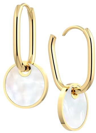 THIORA 'Pearl Oasis' Creolen Gold Damen | Echte Perlmutt Plättchen | Premium Edelstahl Ohrringe | Naturverbundene Eleganz, Geschenk mit Herz