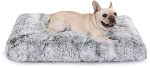 Bedfolks Waterproof Dog Crate Bed With Removable Washable Cover, Plush Faux Fur Pad for Large Dogs, Fluffy Kennel Bed 35x23, Dark Grey