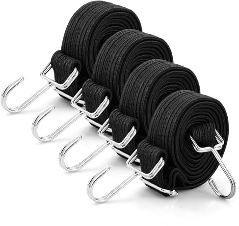 Goma tensora Ajustable con Ganchos, 4 Unidades de 2 m de Largo, Correa de sujeción Plana con Ganchos de Metal, Cuerdas de Goma extrafuertes, Tensor de Equipaje, Motocicleta, Color Negro