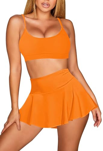 Viottiset Bikini med hög midja för kvinnor, två stycken spagettiremmar, simkjol, vitalitet apelsin, L