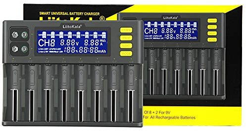 18650 Cargador de Baterí, LiitoKala LII-S8 Cargador de Batería Inteligente de 9V de 8 Bahías con Pantalla LCD para Baterías Li-Ion LiFePO4 Ni-MH Ni-CD AA AAA C 21700 26650 13650 16340 18700 RCR123