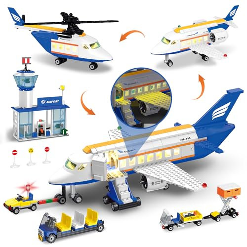 AKWME City Flugzeug Bauspielzeug mit LED Licht, 3 IN 1 Passagier Flugzeug Spielzeug mit Flughafenterminal, Gepäckanhänger, Flugzeug, STEM Spielzeug Geburtstags Geschenke für 6-12 Jahre Jungen Kinder