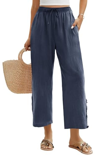 Niwicee Pantalones Mujer Verano Cintura Alta Elástico Pantalón de Pierna Ancha Casual Algodón Pantalón Fluido Playa de Salón con Bolsillos 7/8 Largo(Azul Marino,L)