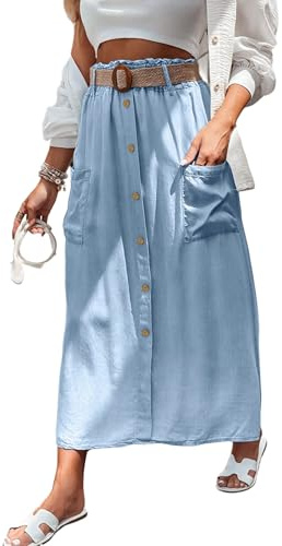 loveimgs Jupe longue d'été en Tencel fluide pour femme - Taille élastique - Coupe trapèze - Avec boutons - Volants - Style bohème léger