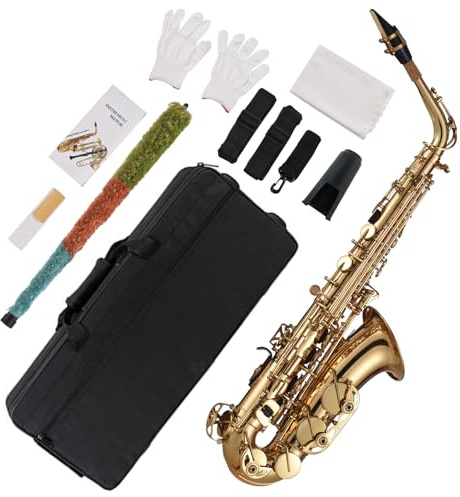 EB Alto Saxofón de latón Gold Lacado E Flat Sax 875 Tipo de llave Instrumento de viento de madera con guantes de tela de limpieza Correa de correa para profesionales para