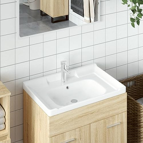 Lavabo de Cerámica Blanco Rectangular, Diseño Empotrado con Rebosadero, Ideal para Baño y Lavadero, Fácil Limpieza Acabado Brillante, Orificios para Grifo y Desagüe, 61x48x23 cm