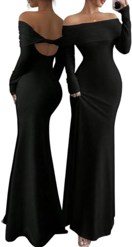 XIWCAFC Vestito Donna Maniche Lunghe Sexy Vestito Lungo con Spalle Scoperte Elegante Abito Maxi Senza Schienale Aderente Bodycon (IT, Testo, XL, Regular, Regular, Nero)