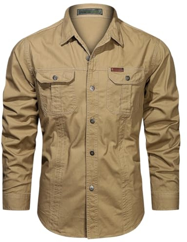 SimidunEUR Chemise de Safari à Manches Longues en Coton pour Homme, Protection UV, Respirante, Boutonnée, pour Randonnée, Pêche, Trekking, Hilking, Chasse, Travail，Kaki1388，M
