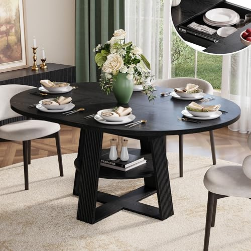 43-59” Fluted Round Extendable Dining Table for 4-8, Modern Oval Expandable Kitchen Dining Room Table, Wood Base with Storage Shelf for Kitchen Living Room, Space Saving, Black Walnut