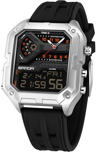 Mens Watch for Men Digital Sport Watch Rectangle Large-Dial Watches Waterproof Watches with Alarms/Countdown/Stopwatch/Digital-Analog/Dual Time/Light/Military Multifunctional Wrist Watch (Silver-Black)