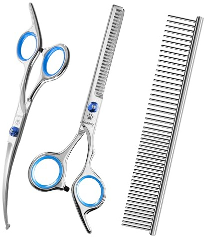 GLADOG Tijeras de Peluquería Canina para Perros y Gatos, Kit 3 en 1 para Uso en Casa con Tijera Curva, Tijera de Entresacar y Peine, Punta Redonda, Acero Inoxidable 4CR con Titanio, Azul