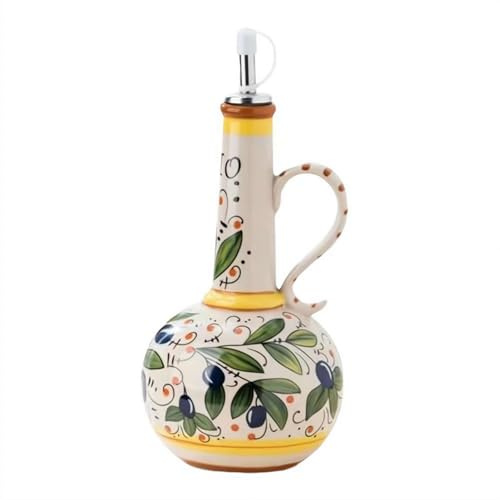 23oz Italian Ceramic Olive Oil Dispenser Bottle, Hand-Painted Decorative Stoneware Cruet with Stainless Steel Spout, for Cooking Oils, Vinegar & Sauces Coffee Syrup