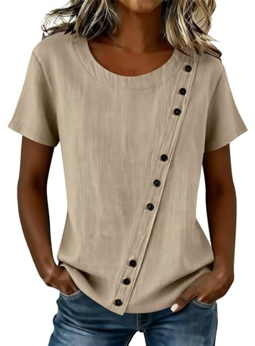 Générique Coton Lin T-Shirts pour Femme Chemises Lin Manches Courtes Col Rond Haut à Boutons Décoratifs Asymétriques Lâche Respirant Blouse Mode Top Femmes Unie Tunique Été