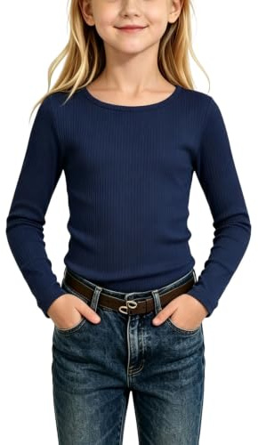 Camiseta Interior Niña,Cuello Redondo Camisetas Basicas de Canalé para Niñas Color Sólido Suave y Cómoda Blusa Basica Otoño Invierno Casual Pullover Top para Uso Diario Ropa Niña 5-13 años