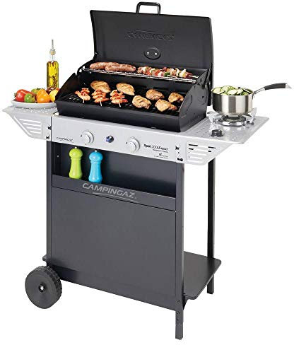 Campingaz Xpert 200 LS Rocky Barbacoa Gas Piedra Volcanica | Parrilla Gas con 2 Quemadores Compactos | 8.2 KW de Potencia | 2 Parrillas de Hierro Fundido | 2 Mesas Laterales y Carro de Acero