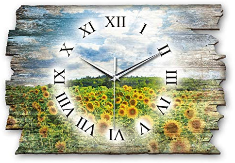 Kreative Feder Designer Wanduhr Sonnenblumen aus Holz Größe 40x27cm - Funkuhr im Landhaus-Stil Shabby-Style Made in Germany leise ohne Ticken (Sonnenblumen, leises Funkuhrwerk)
