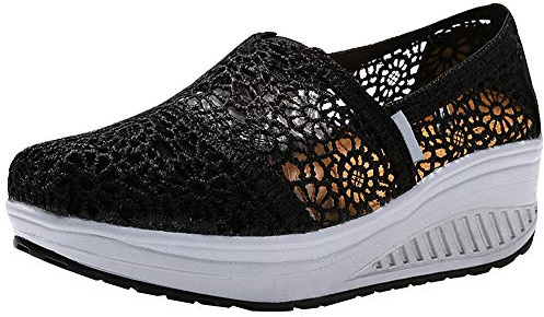 Donna Uncinetto Pizzo Scivolare su Tacco a Zeppa Sneakers Comodi Casuale Scarpetta Ginnica(Nero,37 EU)