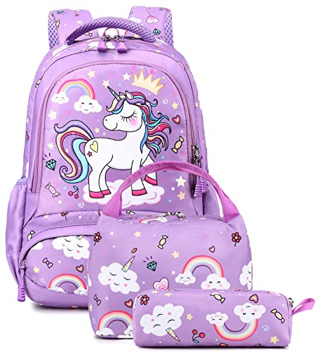 Kimwadalh Cartable Fille Licorne Sac à Dos Fille Sac école Primaire Sac à Dos Enfant Scolaire 3 en 1 Sets de Sacs + Isotherme Panier Repas + Trousse