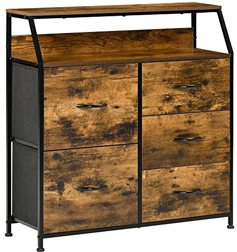 HOMCOM Mueble Organizador Cajonera de Tela con Cajones Plegables Estante Abierto y Marco de Acero Estilo Industrial para Salón Recibidor Dormitorio 83,5x29x87 cm Marrón Rústico