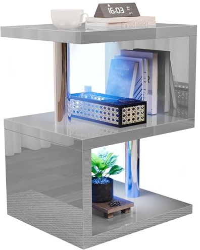 Blisswood Side Table with LED Lights – S-Shaped Grey High Gloss End Table with Storage Shelves and RGB Lighting, Modern Nightstand for Bedroom, Living Room, or Small Spaces, Stylish Home Accent
