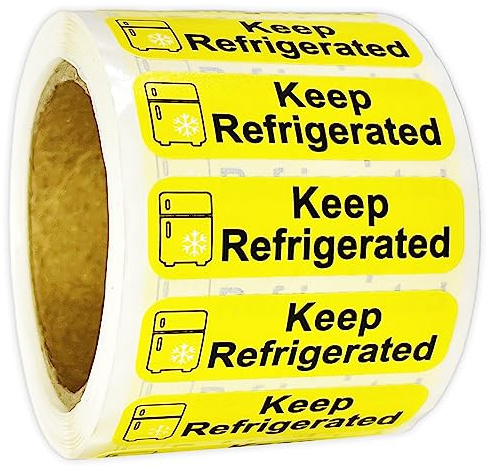 Keep Refrigerated Stickers, Shipping Cold Food Packaging, Warning Labels, and Health clinics, Durable PVC Material Waterproof, 500 Labels on a Roll (Yellow Rectangle, 1.5 x 0.43 inch)