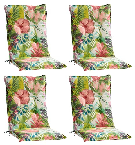 Home4You Gartenstuhlauflagen Mittellehner 4er Set - 110 x 50 cm - Mehrfarbig - Baumwolle - Polyester - Blumenmuster - Sesselauflage Sitzpolster Stuhlauflage