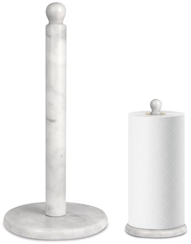 Handmade Marble Paper Towel Holder - 12 Upright Paper Roll Dispenser with Heavy Non-Slip Base for Easy One-Handed Tear - Ideal for Kitchen Countertops, Cabinets, and Bathrooms-White & Light Grey…