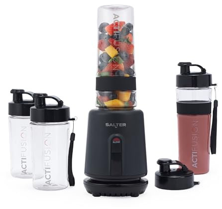 Salter EK6133MBLKS Kuro Actifusion Blender Set – Smoothie Protein Shake Blender, 2 x 600ml & 2 x 400ml Sports Bottles, BPA-Free, Leak Proof, One Touch Operation, Stainless Steel Blades, Non-Slip, 350W